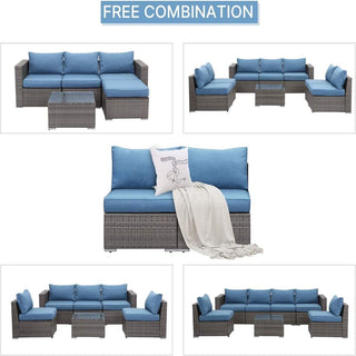 59.8"Width Outdoor Wicker Armless Sofa Set, 2-Piece Patio Loveseat Set with Blue Cushions