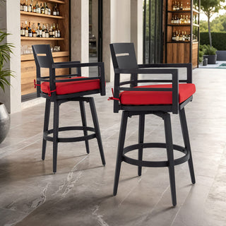 Modern 2-Piece Outdoor Swivel Bar Chairs with Sunbrella Cushions – 360° Aluminum Patio Bar Stools in Ember Black
