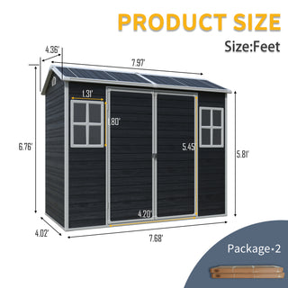 Outdoor Storage Shed with Two-Window and Double-Door, Plastic Shed with Floor for Gargen,Patio,Yard,Lawn,Black/Grey