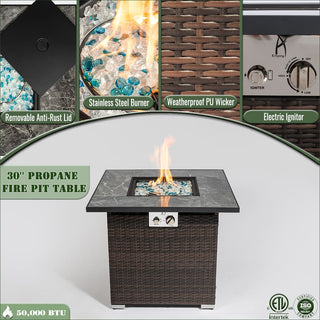30" Propane Gas Fire Pit Table, 50000 BTU Square Fire Pit, Tile Tabletop with Beautiful Wicker Base for Outside Patio Deck Garden Courtyard-Brown