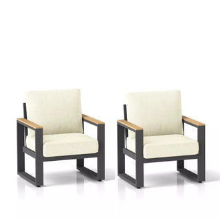 Set of 2 26.6" All-Weather Aluminum Patio Armchairs with Thick Beige Cushions