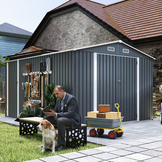 Outdoor Storage Shed 9×11 FT with 3 Lockable Doors,Utility Tool Shed Metal Storage Garden Sheds 4 Vents,Metal Sheds with Galvanized Steel Frame,for Backyard,Patio,Lawn,Grey