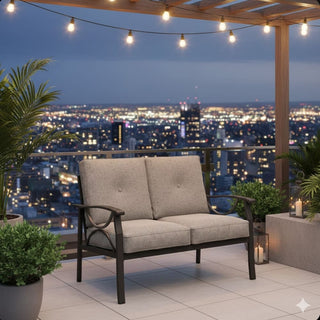 48" All-Weather Metal Loveseat 2 Seats Couch Sofa with Gray/Beige/Khaki Cushions with black Frame