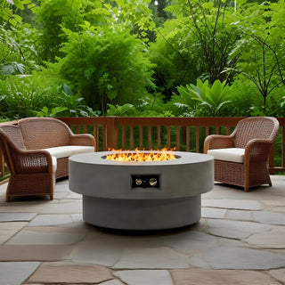 34-inch round propane fire pit Table, 50,000BTU outdoor firepit table for Outside Patio w/Round Burner Lid, Glass Rocks, Cover