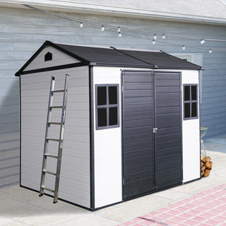 8 x 6 ft Resin Outdoor Storage Shed Waterproof Shed with Floor & Two Windows & Lockable Door, Tool Shed for Garden, Patio, Backyard,Grey/Black/White+Gray/Brown