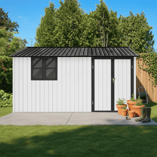 12x10 FT Metal Garden Shed Outdoor Storage, Multi-Color (White/Black/Grey/Brown) with Window & Shelving, Heavy Duty Garden Tool Shed for Backyard & Patio