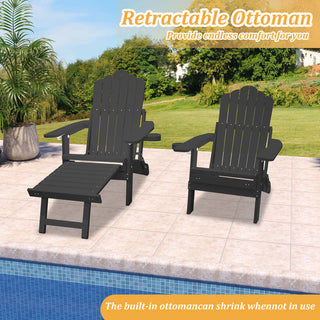 Navy Blue & Black Folding Plastic Adirondack Chair with Pull-Out Ottoman & Cup Holder for Outdoor Patio