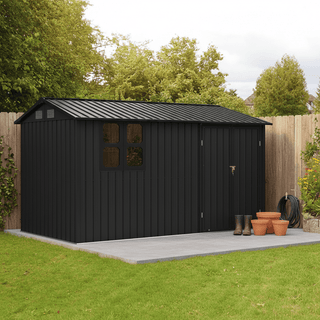 12x10 FT Metal Garden Shed Outdoor Storage, Multi-Color (White/Black/Grey/Brown) with Window & Shelving, Heavy Duty Garden Tool Shed for Backyard & Patio