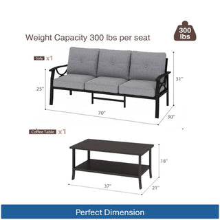 2 Piece Outdoor Patio Set, 70 Inches All-Weather Metal 3-Seat Metal Patio Sofa and Rectangular coffee Table, With Cushions & Frame