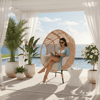 Outdoor Hanging Egg Chair with Stand, 400 lbs Capacity Patio Swing Chair, PE Rattan Wicker Lounge Chair with 8-Inch Thick Cushion,