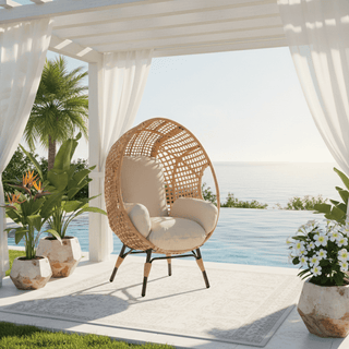 Outdoor Hanging Egg Chair with Stand, 400 lbs Capacity Patio Swing Chair, PE Rattan Wicker Lounge Chair with 8-Inch Thick Cushion,