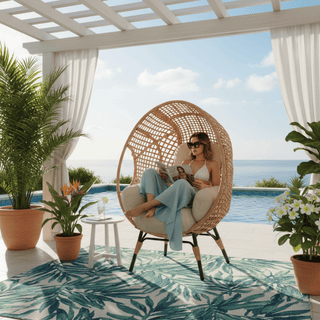 Outdoor Hanging Egg Chair with Stand, 400 lbs Capacity Patio Swing Chair, PE Rattan Wicker Lounge Chair with 8-Inch Thick Cushion,