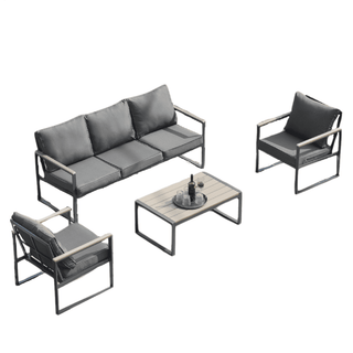 Outdoor 4 Pieces Furniture Sets Modern Iron Patio Conversation Sets Sofa w Grey Cushion Faux Wood Grain Frame