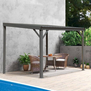 Wall-Mounted Hardtop Lean-to Gazebo with Gutters – Galvanized Steel Roof Outdoor Pergola Canopy