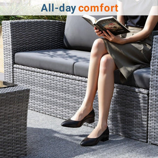 4-Piece Wicker Patio Conversation Set With Glass Table and Blue/Black/Gray Cushions