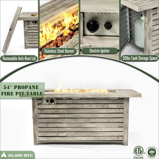 54" Propane Gas Fire Pit Table, 50000 BTU Rectangular Steel Fire Pit with Imitation Wood Grain Finish for Outside Patio Deck Garden Courtyard-Light Beige