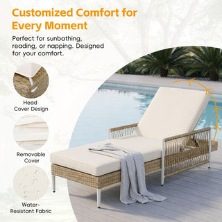 Outdoor PE Rattan Chaise Lounge, All-Weather Wicker Patio Lounge Chair with 6-Position Adjustable Backrest, Modern Sun Lounger for Poolside