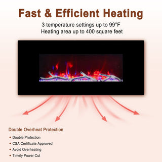 42/50/60/72 Inch Wall-Mounted Black Electric Fireplace Insert-5120 BTU with 2-Speaker Stereo Sound