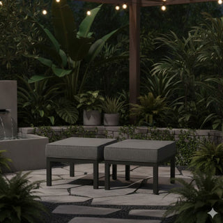 Set of 2 24" Aluminum Patio Ottomans with Dark Gray Cushions, All-Weather Footrests