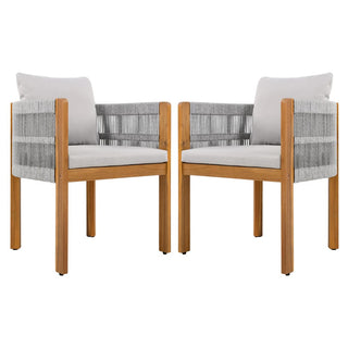 Acacia Wood Outdoor Dining Chairs 2-Pack with Mix White Rope Handles, Washable Waterproof Brown/Grey/Beige Cushions, 400 lbs Capacity