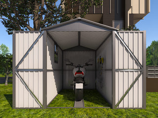 Motorcycle Outdoor Steel Storage Shed with Window, Tracks and Fixtures, Weather-Resistant Metal Bike Garage, Grey