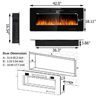 30/36/42/50/60-Inch Recessed Ultra Thin Electric Fireplace Heater with Glass Appearance