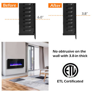 30/36/42/50/60-Inch Recessed Ultra Thin Electric Fireplace Heater with Glass Appearance