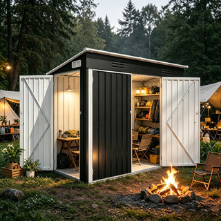 4x8 FT Galvanized Steel Storage Shed with 3 Access Doors & Vents for Garden, Bikes & Patio Equipment