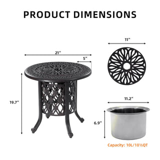 21" Side Table With Removable Ice Bucket- Rustproof Cast Aluminum Frame, Hand-Brushed Finish, Food-Grade 304 Stainless Steel Bucket