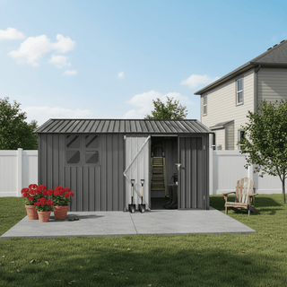 12x10 FT Metal Garden Shed Outdoor Storage with Window, Heavy Duty Steel Tool Shed for Backyard, Patio, Lawn – Available in White/Black/Grey/Brown