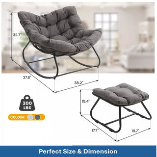 Dark Gray/Light Gray/Green Egg Rocking Chair with Ottoman, All-Weather Wicker Lounge & Cushions