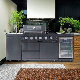 46-Inch Deluxe Outdoor Kitchen BBQ Island Grill, 4-Burner 72,000 BTU Stainless Steel with Wine Cooler, Refrigerator, Rotisserie Kit, Granite Countertop & Sink