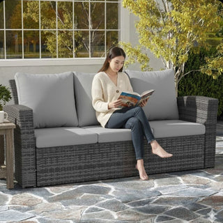 67.7" All-Weather Wicker 3-Seat Patio Sofa with Thick Blue/Biege/Gray/Black Cushions & Black Frame