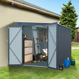 6x8 FT Galvanized Steel Lean-To Storage Shed with Lockable Double Doors & PC Light Panel for Tools, Bikes & Patio Storage