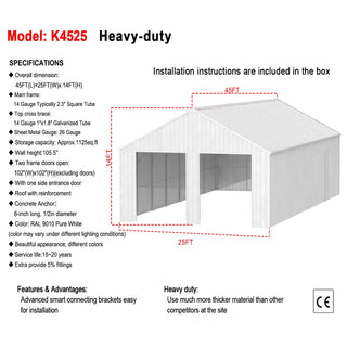 45ft x 25ft Heavy Duty Metal Garage Barn – Durable Outdoor Steel Storage Shed