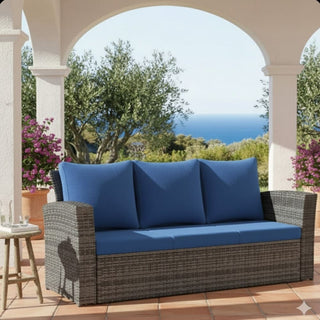 67.7" All-Weather Wicker 3-Seat Patio Sofa with Thick Blue/Biege/Gray/Black Cushions & Black Frame