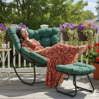 Dark Gray/Light Gray/Green Egg Rocking Chair with Ottoman, All-Weather Wicker Lounge & Cushions