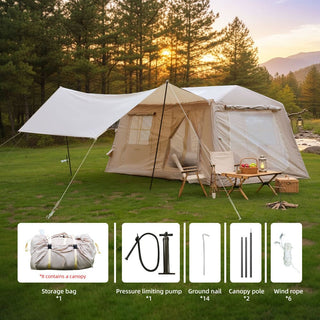 11m² Inflatable Camping Tent with Canopy & Hand Pump, 4-Season Waterproof Oxford Air Glamping Tent, Easy Setup Blow Up Tent for 4-8 Persons
