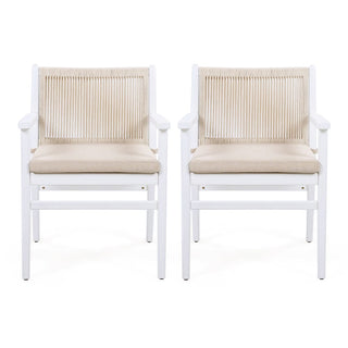 Outdoor Dining Chairs Set of 2, Acacia Wood Patio Armchair with Rope Design Back and Water Repellent Cushion