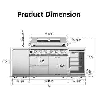 44-Inch Deluxe 6-Burner 85,000 BTU Stainless Steel Outdoor Kitchen Island Grill With Wine Cooler, Rotisserie & Granite Countertops