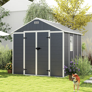 8X8 FT resin storage shed, high quality pp material with Lockable Door, strong structure, waterproof, rust and UV proof, large storage space, 12mm thick pp board, HD window lighting