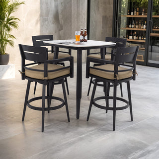 5-Piece Outdoor Patio Swivel Bar Set with Marble-Style Stone Table & Aluminum Swivel Bar Stools