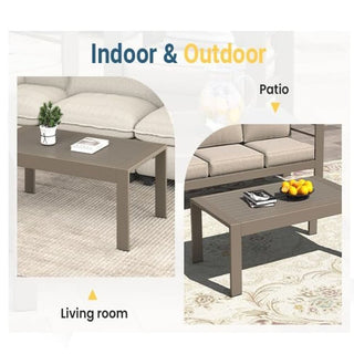 43" x 24" All-Weather Metal Outdoor Coffee Table with Wood-Look Top and Khaki/Black Frame