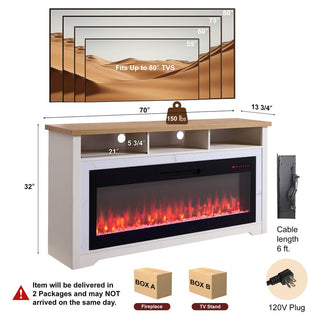 70 inch Fireplace TV Stand for TVs up to 70",with 60"smart Electric Fireplace,white