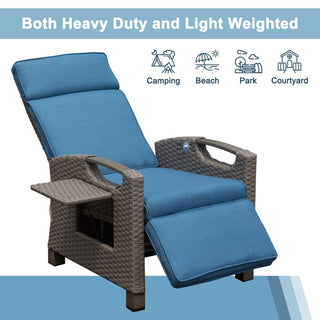 Outdoor Wicker Reclining Chair with Push-Back Backrest, Flip-Up Side Table & Thick Cushions for Patio & Backyard