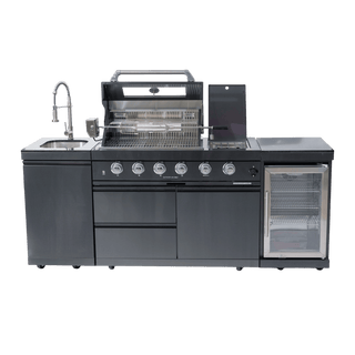 46-Inch Deluxe Outdoor Kitchen BBQ Island Grill, 4-Burner 72,000 BTU Stainless Steel with Wine Cooler, Refrigerator, Rotisserie Kit, Granite Countertop & Sink