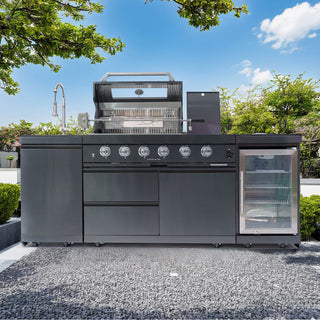 46-Inch Deluxe Outdoor Kitchen BBQ Island Grill, 4-Burner 72,000 BTU Stainless Steel with Wine Cooler, Refrigerator, Rotisserie Kit, Granite Countertop & Sink