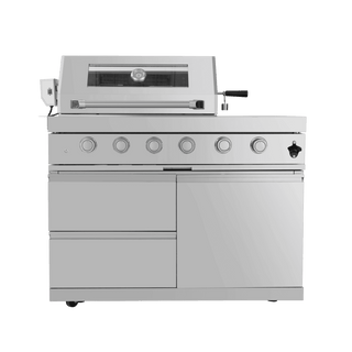 Outdoor Kitchen Island with 120,000 BTU Double Grill, Pizza Oven, Fridge, Rotisserie & Granite Countertops