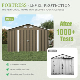 10x12 FT Outdoor Metal Storage Shed, Large Garden Shed with Sturdy Frame & Lockable Door, Weather-Resistant Tool Storage Shed for Backyard, Dark Gray/Brown