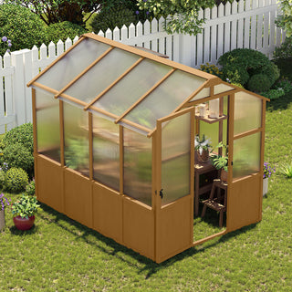6x8 FT Wooden Walk-In Greenhouse with 6mm Polycarbonate Panels & Adjustable Roof Vent – Outdoor Garden Greenhouse for Backyard & Patio